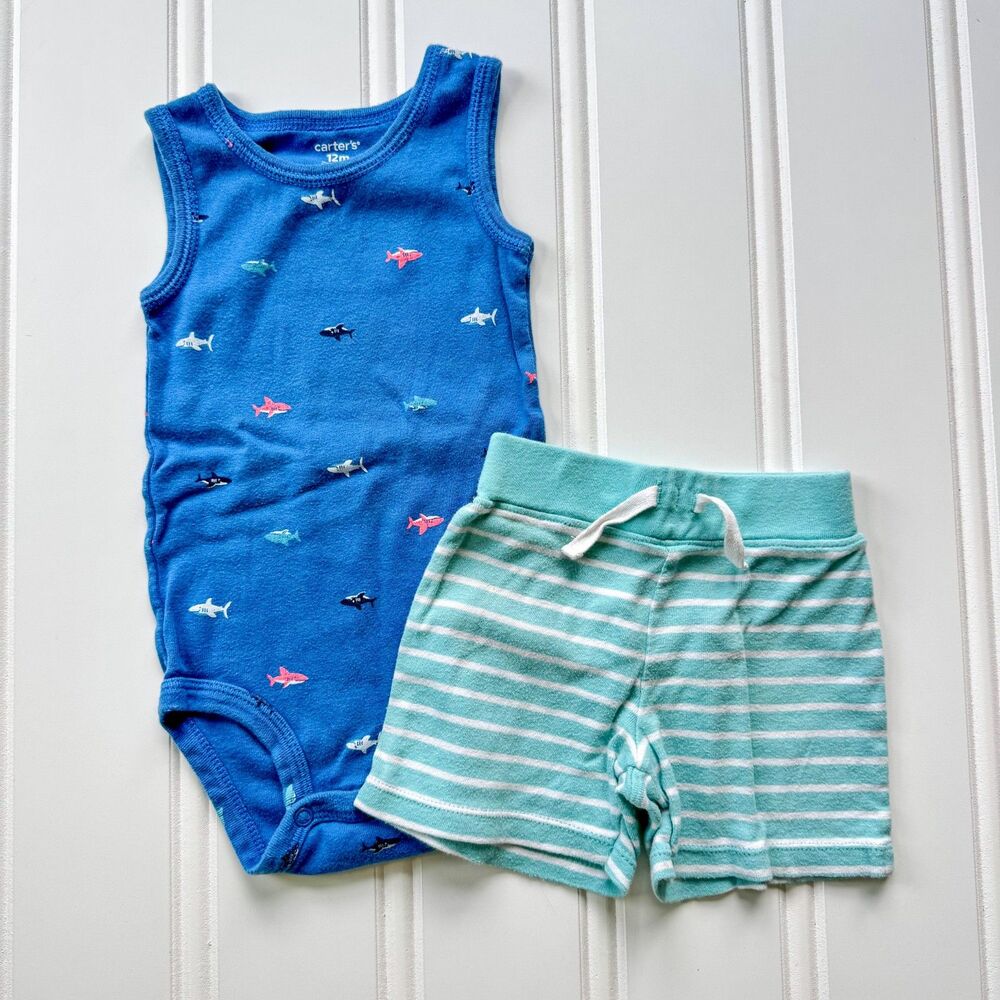 4/$10 - Carter's Shark Cotton Tank Top Onesie and Shorts Set | 12 Months